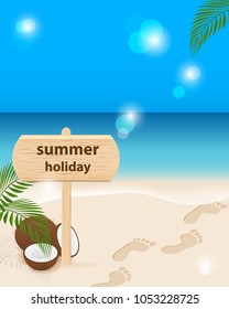 Footprint on the sand. Steps on the beach. Background with sea and blue sky.Wooden sign and coconut under palm branches. Vector illustration with bokeh.The concept of travel,adventure
