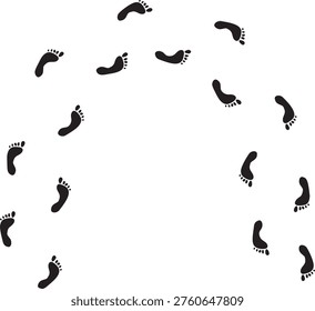 Footprint outline path, thin line human bare foot track set on white background. Minimalist walking person steps, footprint outline design, simple body part shape. Bare foot line art