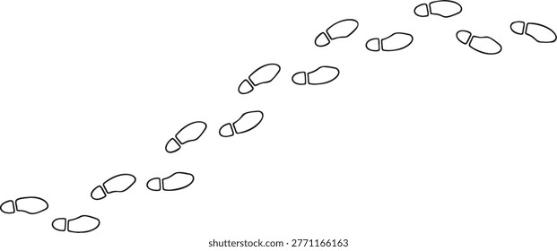 Footprint outline path, thin line human bare foot track set on white background. Minimalist walking person steps, footprint outline design, simple body part shape. Bare foot line art