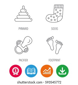 Footprint, pacifier and socks icons. Pyramid toy linear sign. Award medal, growth chart and opened book web icons. Download arrow. Vector