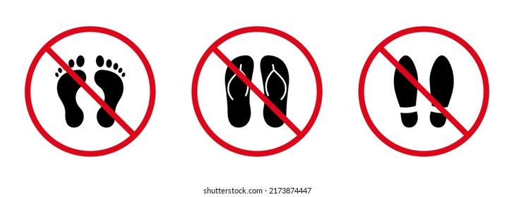 Footprint Pair Shoe Flip Flop Red Stop Circle Symbol Set. No Allowed Step Sign. Sandal Ban Black Silhouette Icon. Forbid Beach Flipflop Pictogram. Prohibited Casual Shoe. Isolated Vector Illustration.