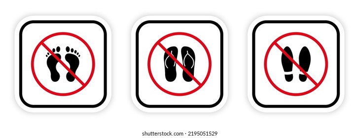 Footprint Pair Shoe Flip Flop Red Stop Circle Symbol Set. No Allowed Step Sign. Sandal Ban Black Silhouette Icon. Forbid Beach Flipflop Pictogram. Prohibited Casual Shoe. Isolated Vector