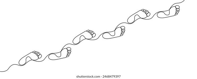 Footprint of a path of barefoot human feet in simple linear style . Diagonal trace of barefoot is drawn with one continuous editable line. Vector illustration