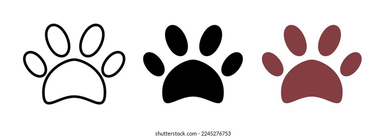 Footprint pet. Paw prints. Dog or cat vector, icon. Foot puppy isolated on white background. Black silhouette paw. Cute shape paw print. Walks for design. Animal track. Trace foot dog, cat. Vector eps