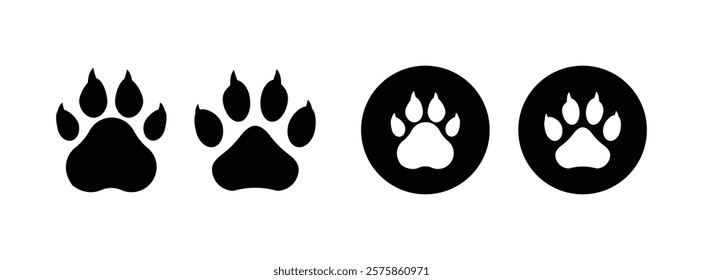 Footprint pet. Paw prints. Dog or cat vector, icon. Foot puppy isolated on white background. Black silhouette paw. Cute shape paw print. Walks for design. Animal track. Trace foot dog, cat. Vector