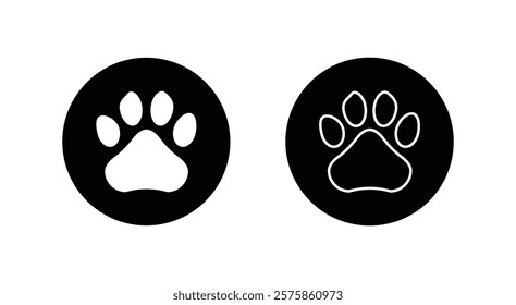 Footprint pet. Paw prints. Dog or cat vector, icon. Foot puppy isolated on white background. Black silhouette paw. Cute shape paw print. Walks for design. Animal track. Trace foot dog, cat. Vector