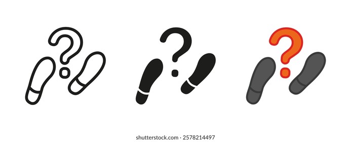 Footprint with question mark icon. Footstep evidence tracking vector illustration. Detective investigation foot print symbol. Step trace magnifying glass sign. Criminal mystery or secret. Suspect clue