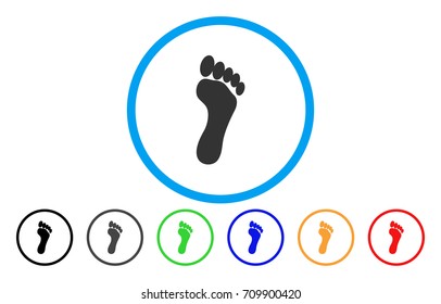 Footprint rounded icon. Vector illustration style is a gray flat iconic footprint symbol inside a circle. Additional color versions are black, gray, green, blue, red, orange.