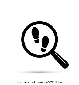 Footprint searching icon, vector isolated flat illustration with magnifier and shoe print.