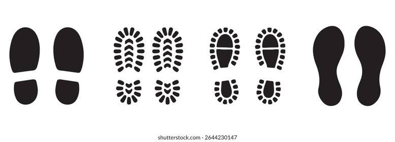 Footprint and shoe print icons set – vector illustration on white background.  Vector Footprint Icons Collection  Human, Shoe, Boot, and Sole Print Silhouettes Set . 