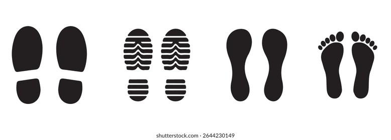 Conjunto de ícones de pegada e impressão de sapato - ilustração vetorial em fundo branco.  Conjunto de Silhuetas de Impressão Humana, Sapato, Inicialização e Única . 