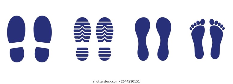 Footprint and shoe print icons set – vector illustration on white background.  Vector Footprint Icons Collection  Human, Shoe, Boot, and Sole Print Silhouettes Set . 