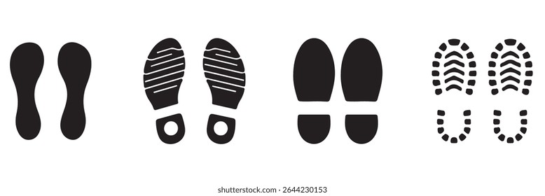 Footprint and shoe print icons set – vector illustration on white background.  Vector Footprint Icons Collection  Human, Shoe, Boot, and Sole Print Silhouettes Set . 