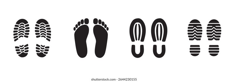 Footprint and shoe print icons set – vector illustration on white background.  Vector Footprint Icons Collection  Human, Shoe, Boot, and Sole Print Silhouettes Set . 