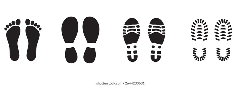 Footprint and shoe print icons set vector illustration on white background. shoe sole imprint vector, walking steps symbol, footwear pattern design, black foot shape art, isolated walking icons .