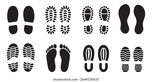 Footprint and shoe print icons set vector illustration on white background. shoe sole imprint vector, walking steps symbol, footwear pattern design, black foot shape art, isolated walking icons .