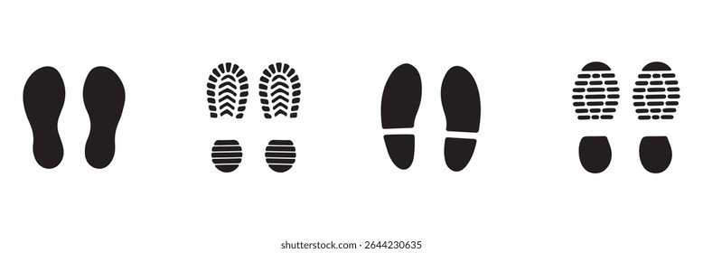 Footprint and shoe print icons set vector illustration on white background. shoe sole imprint vector, walking steps symbol, footwear pattern design, black foot shape art, isolated walking icons .