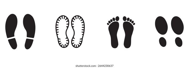 Footprint and shoe print icons set vector illustration on white background. shoe sole imprint vector, walking steps symbol, footwear pattern design, black foot shape art, isolated walking icons .