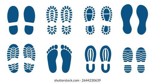 Footprint and shoe print icons set vector illustration on white background. shoe sole imprint vector, walking steps symbol, footwear pattern design, black foot shape art, isolated walking icons .