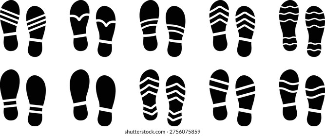 Footprint shoe sole pattern set, Walking step track icons, Human foot trail silhouette collection