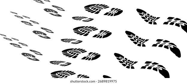 Ruta de seguimiento de la suela del zapato en el fondo transparente, Ilustración vectorial de la ruta de la huella del zapato	