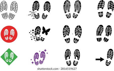 Footprint, shoeprint, bootprint, sole, tread, track, mark, imprint, silhouette, step, trail, walking, hiking, movement, dirt, mud, vector, icon, symbol, collection
