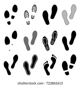 Footprint shoes. Footsteps. Footprints. Shoe and bare foot print. Shoes imprints set. Vector illustration