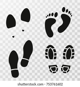 Footprint shoes. Footsteps. Footprints. Shoe and bare foot print. Shoes imprints set. Vector illustration.