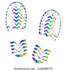 Footprint of shoes, isolated silhouette vector. Trace sole imprint, colorful, rainbow. Footstep, footwear