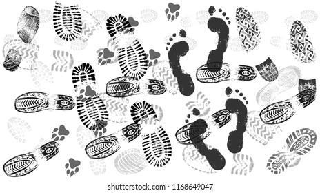 Footprint of shoes on the road, crowds of people, isolated silhouette vector. Trace sole imprint. Footstep, footwear