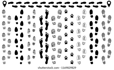 Footprint of shoes on the road, isolated set silhouette vector. Traces sole, imprint. Footstep, footwear