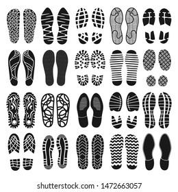 Footprint shoes top view black icon set isolated on white background. Vector illustration