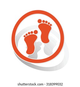 Footprint sign sticker, orange circle with image inside, on white background