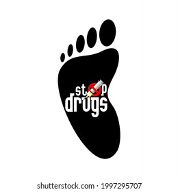 Footprint silhouette vector design and stop drugs writing with prohibition symbol
