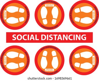 Footprint Social distancing Sign orange and red colors. Keep Distance Zone Position Set for Elevator (Lift) 6 people size . Social Distancing Concept. Protection from Covid-19 or coronavirus.