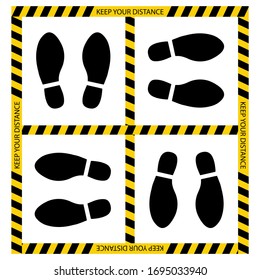 Footprint Social distancing Sign yellow and black colors. Keep Zone and Set Position in Elevator (Lift) 4 people size . Social Distancing Concept. Protection from Covid-19 or corona virus.