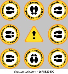 Footprint Stencil Sign in Yellow Frame with Caution text. Keep Zone and Set Position in Elevator (Lift) . Social Distancing Concept. Protection from Covid-19. Flat Vector Illustration.