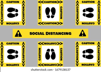 Footprint Stencil Sign in Yellow Frame with Caution text. Keep Zone and Set Position in Elevator (Lift) . Social Distancing Concept. Protection from Covid-19. Flat Vector Illustration.