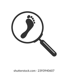 Footprint  through a magnifying glass graphic sign. Searching traces sign isolated on white background. Vector illustration