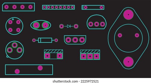 A footprint for tht mounting of a discrete electronic
component on a printed circuit board. Assembly 
drawing of the printed circuit board.