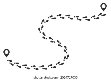 Fußabdruckpfad, menschliche Wanderroute, Fußgängerweg. Schalten Sie den Druckpfad mit GPS-Zeigern ein. Schuhsohle Silhouette, Fußstapfen Druckvektor. Abgehende Stufe schmutzige Aufdrucke zur Ortsmarke