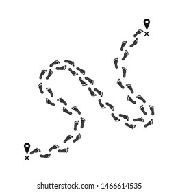 Footprint trail from start point to finish pin. Black print of rout on map. vector illustration isolated on white background
