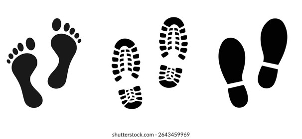 Footprint vector icon set. Barefoot footprints, shoe prints, bare feet.  Collection different human footprints Vector Illustration.