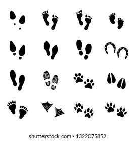 Footprint vector icon set. Footprints of human and animals. 