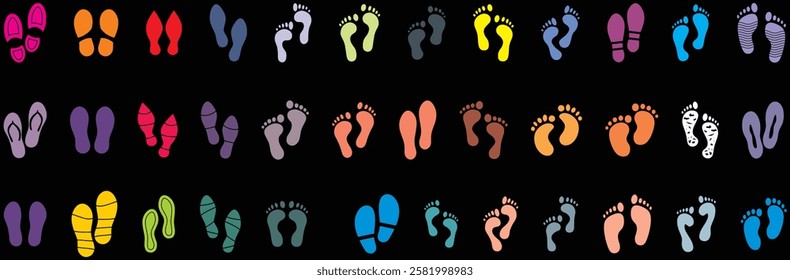 Footprint vector illustration set , perfect foot print silhouette for tracking or identity concepts isolated on black background