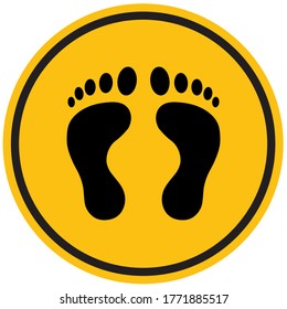 Footprint vector sign. stand here on circle with black border yellow background
