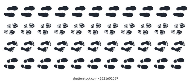 Footprint walk track pattern vector illustration set isolated on white background. Route navigation trace.
