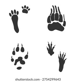 Footprints of Animal, Traces of Badger, Squirrel, Ferret, Hare on white background.  Silhouette animal tracks in gray. Paw Print for your design. Vector illustration. EPS10.