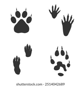 Pegadas de animal, traços de um gato, furão, guindaste e cobaia em fundo branco.  Faixas de animais de silhueta em cinza. Paw Print para o seu projeto. Ilustração vetorial. EPS10