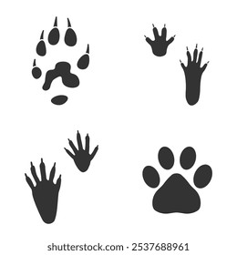 Pegadas de animal, traços de um hamster, gato, furão, guaxinim no fundo branco.  Faixas de animais de silhueta em cinza. Paw Print para o seu projeto. Ilustração vetorial. EPS10